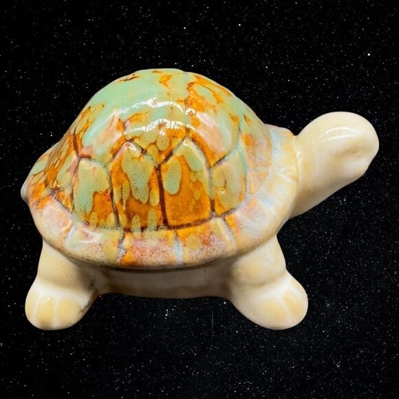 Art Pottery Green & Brown Glazed Spotted Small Turtle Figurine 2.5”T 4”W - Picture 1 of 8
